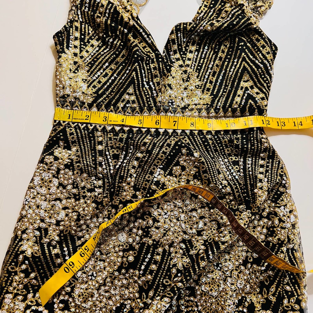 Hello Molly Dress Size XS Match Me Embellished Ruffle Open Back Black Gold - Picture 12 of 13
